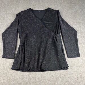 Lane Bryant Women's Black Dressy Glitter Faux Wrap V-Neck Blouse Size 14/16